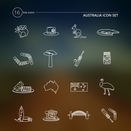 Australia travel icons outline set with adansonia vegemite surfboard meat pie isolated vector illustrationのイラスト素材
