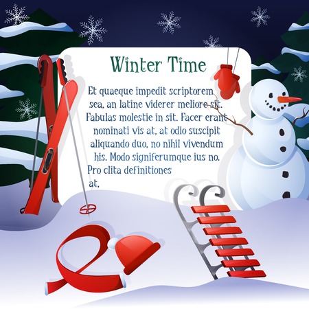 Winter time poster with snowman ski sledge and trees on background vector illustrationのイラスト素材