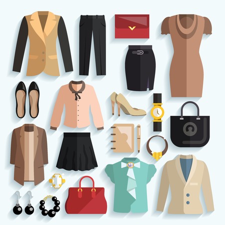 Businesswoman clothes decorative icons flat set with jacket panties purse isolated vector illustrationのイラスト素材