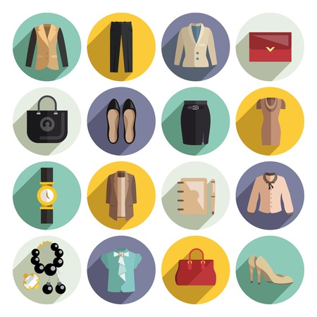 Business woman clothes icons set with purse jewellery cosmetics bag isolated vector illustrationのイラスト素材