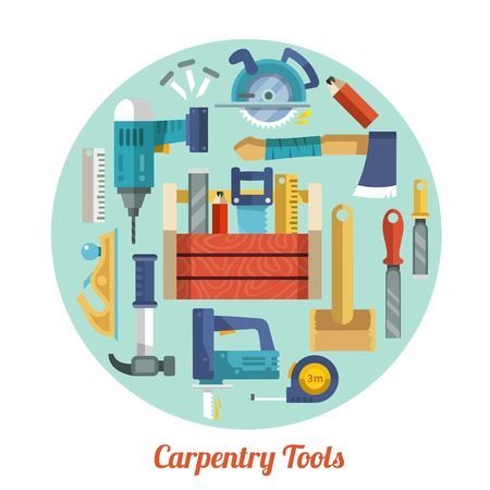 Carpentry tools equipment flat decorative icons set in circle shape vector illustrationのイラスト素材