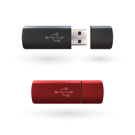 Red and black USB flash drives 3d realistic objects isolated on white background vector illustrationのイラスト素材