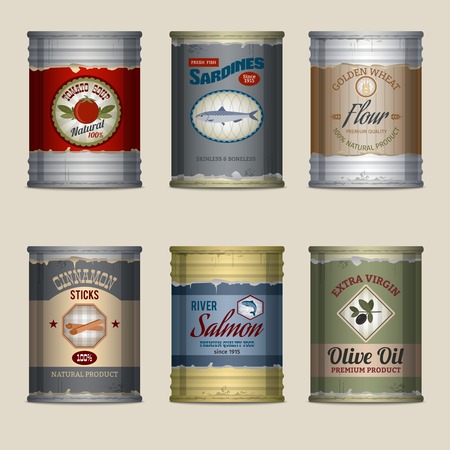 Food tin rusty cans with tomato soup sardines flour decorative icons set isolated vector illustrationのイラスト素材