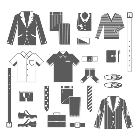 Business man clothes icons set with shirt tie jacket shoes isolated vector illustrationのイラスト素材