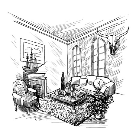 Room interior sketch background with fireplace couch and table vector illustrationのイラスト素材