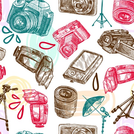 Photo camera digital technology studio equipment hand drawn seamless pattern vector illustrationのイラスト素材