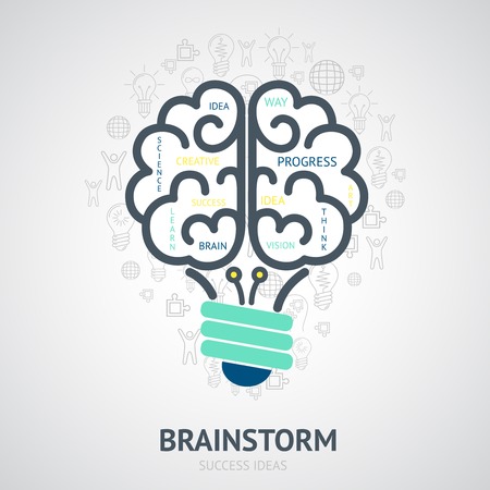 Idea brainstorm design concept with creative vision symbols in lightbulb brain shape vector illustrationのイラスト素材