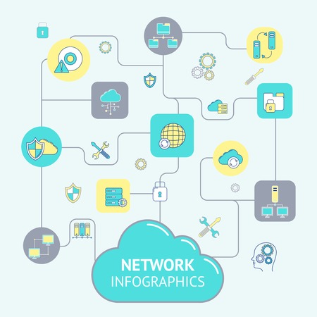 Network and server infographics with cloud computing elements set vector illustrationのイラスト素材