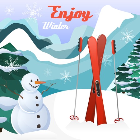 Winter landscape poster with smowman ski and mountains on background vector illustrationのイラスト素材
