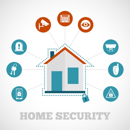 Home security concept with flat building protection icons set vector illustrationのイラスト素材