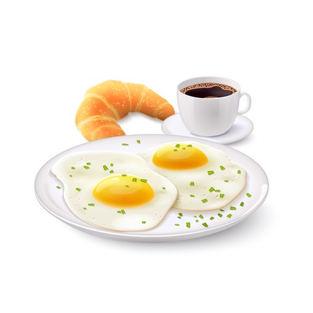 Breakfast realistic set with cup of coffee croissant and fried egg on plate vector illustrationのイラスト素材