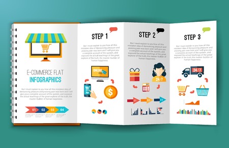 Online shopping e-commerce flat infographics on folded notebook page vector illustrationのイラスト素材
