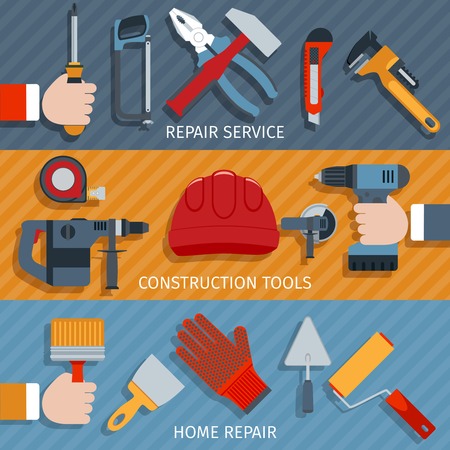 Repair tools service construction home flat banner set isolated vector illustrationのイラスト素材