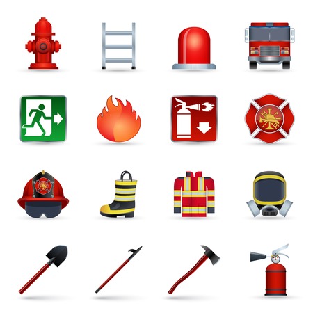 Firefighter realistic icons set with axe helmet emblem mask isolated vector illustrationのイラスト素材