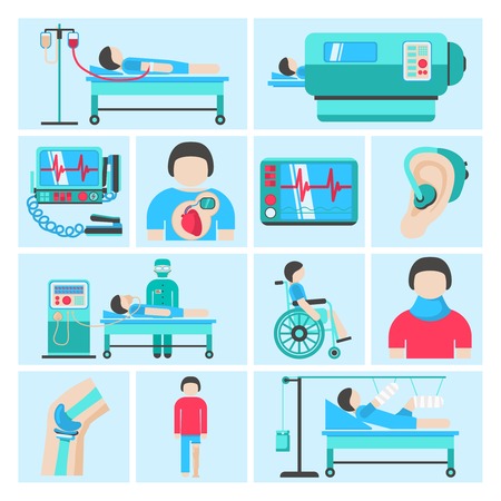 Healthcare medical patient respiratory monitoring apparatus life support infuse system flat icons set abstract isolated vector illustrationのイラスト素材