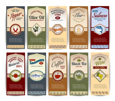Food retro banners set with pepper olive oil sardines flour salmon isolated vector illustrationのイラスト素材