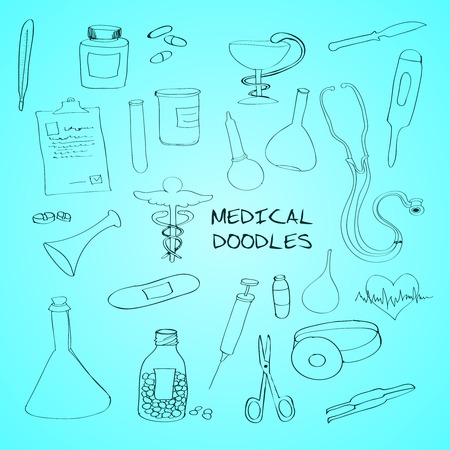First aid bandage kit medical drugs pills syringe outline pictograms collection abstract outline doodle sketch vector illustrationのイラスト素材