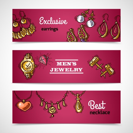 Jewelry sketch horizontal banners set with exclusive earrings best necklaces isolated vector illustrationのイラスト素材