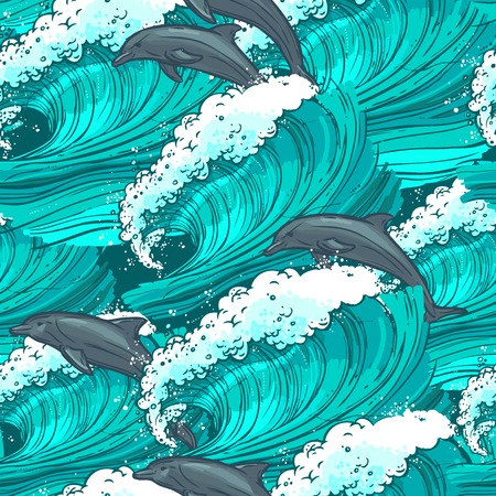 Waves flowing water sketch sea ocean and dolphins colored seamless pattern vector illustrationのイラスト素材