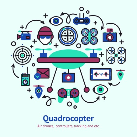 Drone design concept with unmanned spy camera quadrocopter decorative icons vector illustrationのイラスト素材
