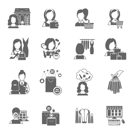 Woman shopping icon black set with glamor girls in clothing and shoes store isolated vector illustrationのイラスト素材