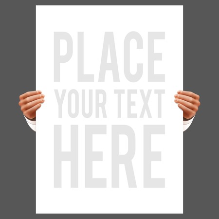 Hands holding cardboard advertise promotion poster realistic vector illustrationのイラスト素材