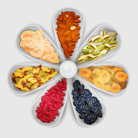 Nuts and dried fruit raw food assorted in bowls vector illustrationのイラスト素材