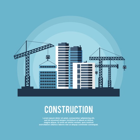 Construction industry poster with cranes building high houses skyscrapers vector illustrationのイラスト素材