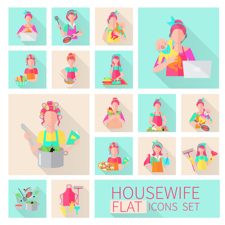 Housewife flat icons set with woman housework activities isolated vector illustrationのイラスト素材