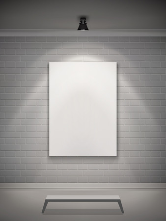 Gallery interior realistic with picture frame in lamp spotlight and bench vector illustrationのイラスト素材