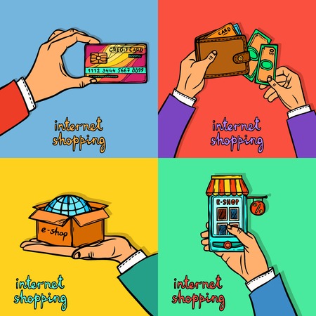 Online shopping sketch flat icons design concept with human hands with money card and e-commerce elements isolated vector illustrationのイラスト素材