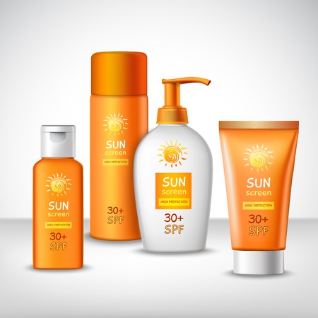 Sunscreen protection sun care cosmetics containers orange set vector illustrationのイラスト素材