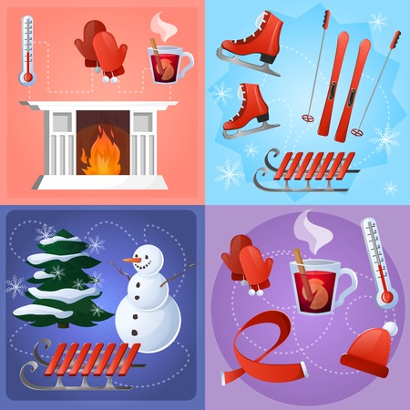 Winter flat set with mittens ski thermometer fireplace isolated vector illustrationのイラスト素材