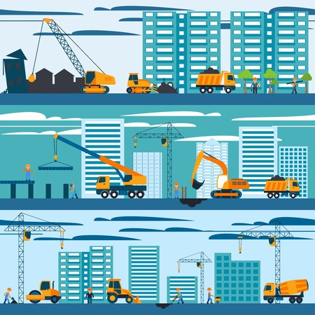 Construction and building concept with builders machines and skyscrapers vector illustration