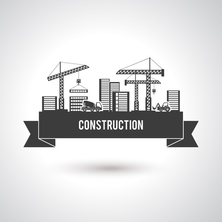 Building construction poster with cranes trucks and skyscrapers vector illustrationのイラスト素材
