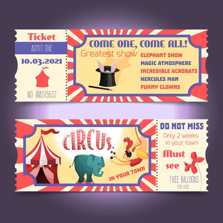 Circus retro tickets with animals acrobats magic hat isolated vector illustrationのイラスト素材
