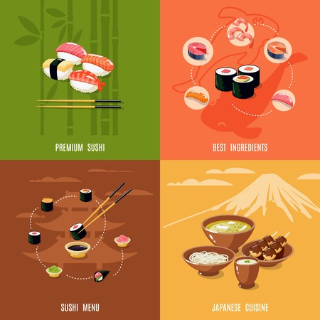 Asian food design concept with premium sushi best ingredients menu japanese cuisine isolated vector illustrationのイラスト素材