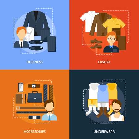 Men clothes icons flat set with business casual accessories and underwear isolated vector illustrationのイラスト素材