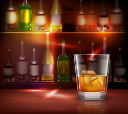 Bar counter realistic background with glass of whiskey in front vector illustrationのイラスト素材