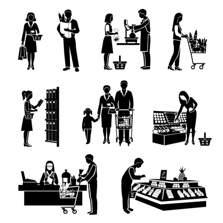 People in supermarket men and women consumers black icons set isolated vector illustrationのイラスト素材