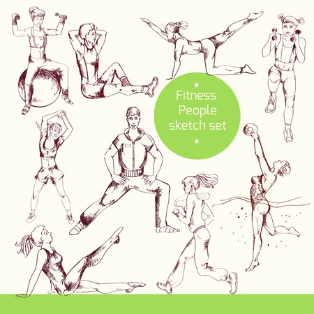 People doing fitness sport training workout exercises sketch set isolated vector illustrationのイラスト素材