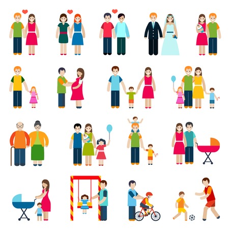 Family figures icons set with married couple children and parents isolated vector illustrationのイラスト素材