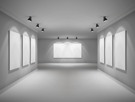 Gallery 3d realistic interior with empty picture frames in spotlights vector illustrationのイラスト素材
