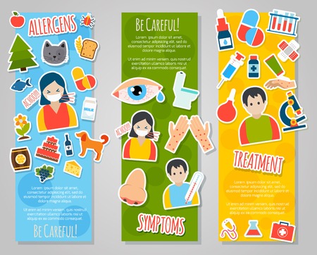 Allergies vertical banner set with allergen disease symptoms stickers isolated vector illustrationのイラスト素材