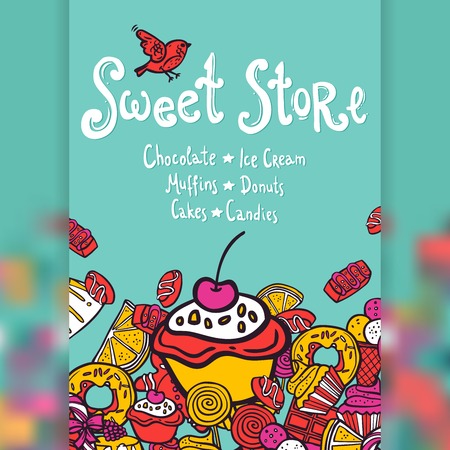 Sweet store with chocolate ice cream muffins donuts cakes and candies background vector illustrationのイラスト素材