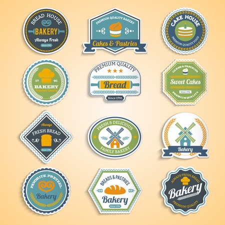 Bakery premium quality food fresh bread paper stickers set isolated vector illustrationのイラスト素材