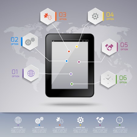 Tablet 3d infographic template with business hexagon options and world map on background vector illustrationのイラスト素材