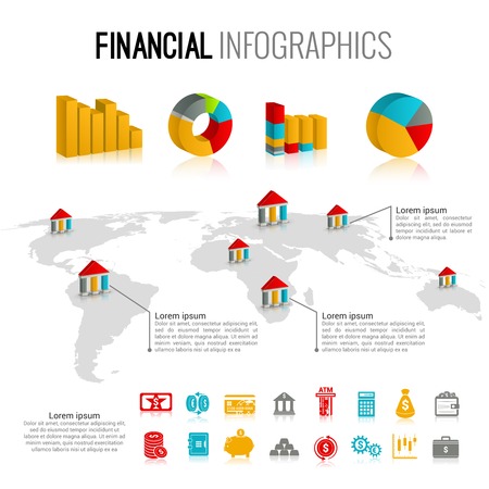 Bank service money financial infographic set with world map and charts vector illustration.のイラスト素材