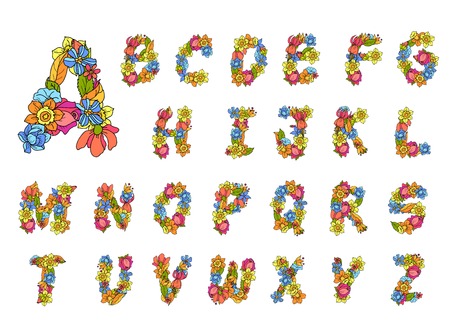 Flowers alphabet colored abc letters decorative icons set isolated vector illustrationのイラスト素材