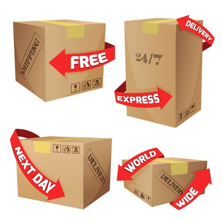 Cardboard boxes set with red arrows and delivery symbols isolated vector illustrationのイラスト素材